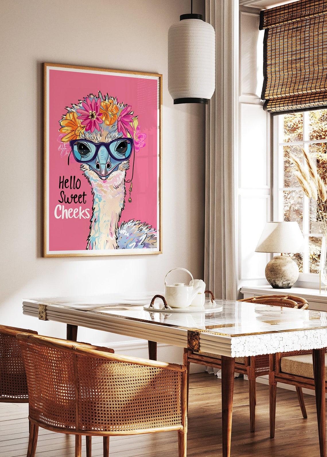 Hello Sweet Cheeks Ostrich Glasses Flower Crown Pink Humor Poster - Image 2