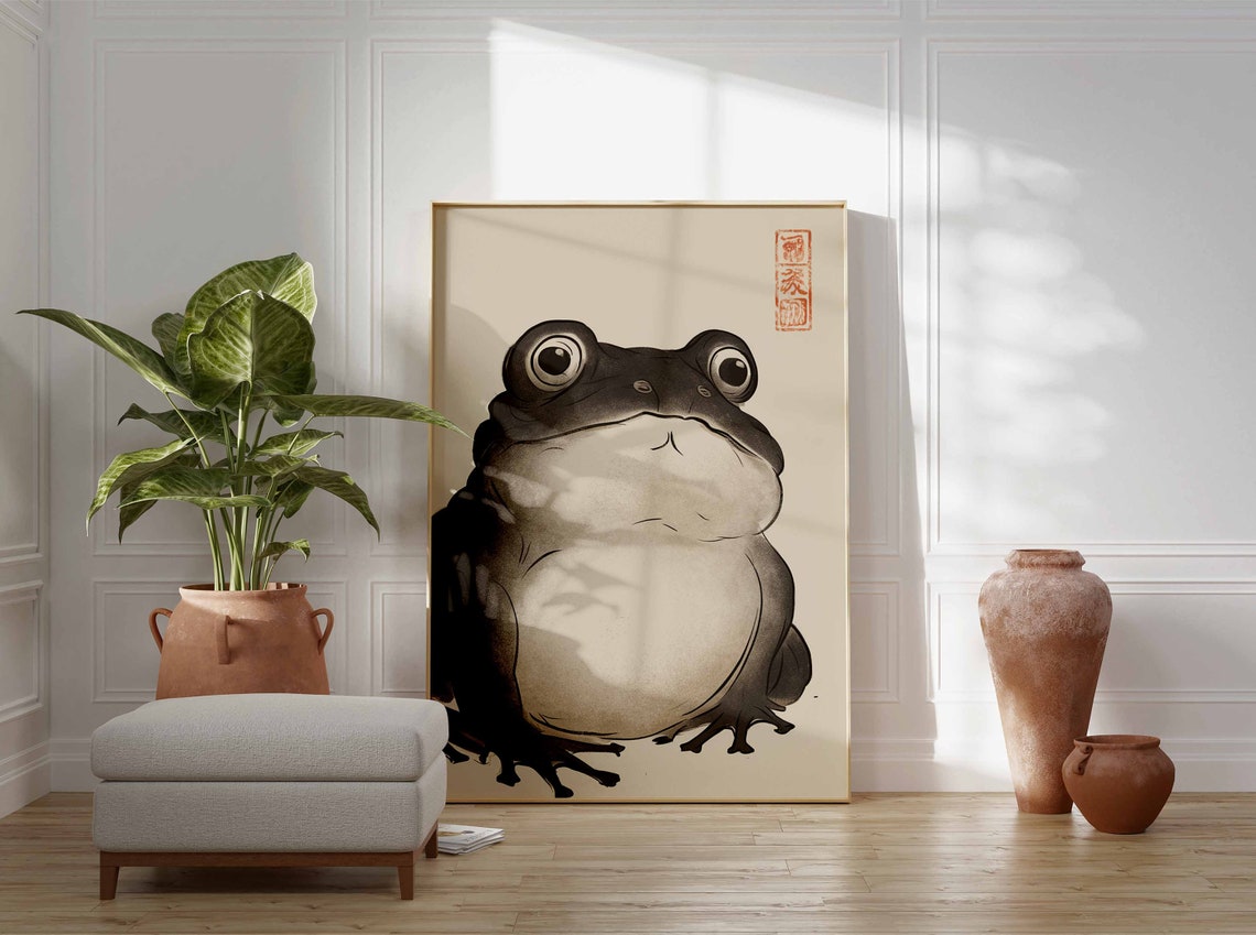 Grumpy Black Toad Frog Ink Painting Japanese Humor Art Print - Image 2