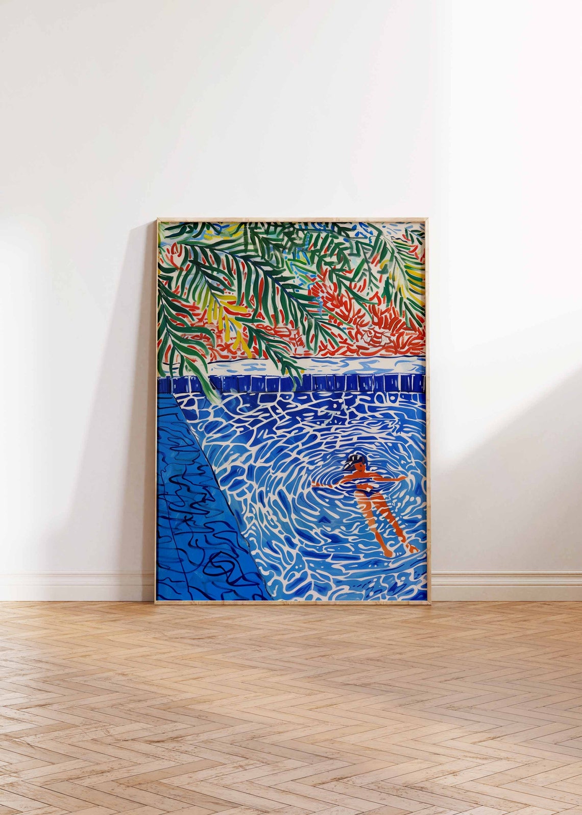 Woman Swimming in Blue Pool Palm Fronds Tropical Summer Art Poster - Image 3