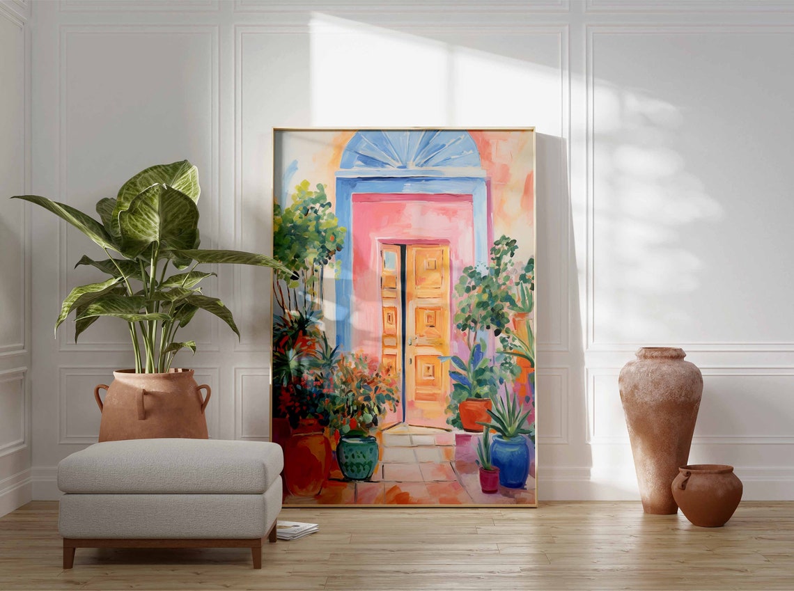 Moroccan Doorway Watercolor Pink Orange Door Mediterranean Art Poster - Image 2