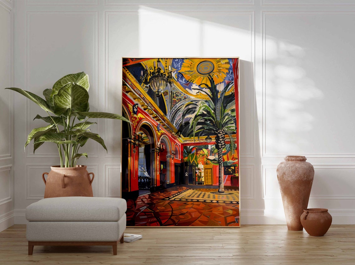 Red Arcade Palm Tree Ornate Ceiling Interior Bold Artwork Poster - Image 3