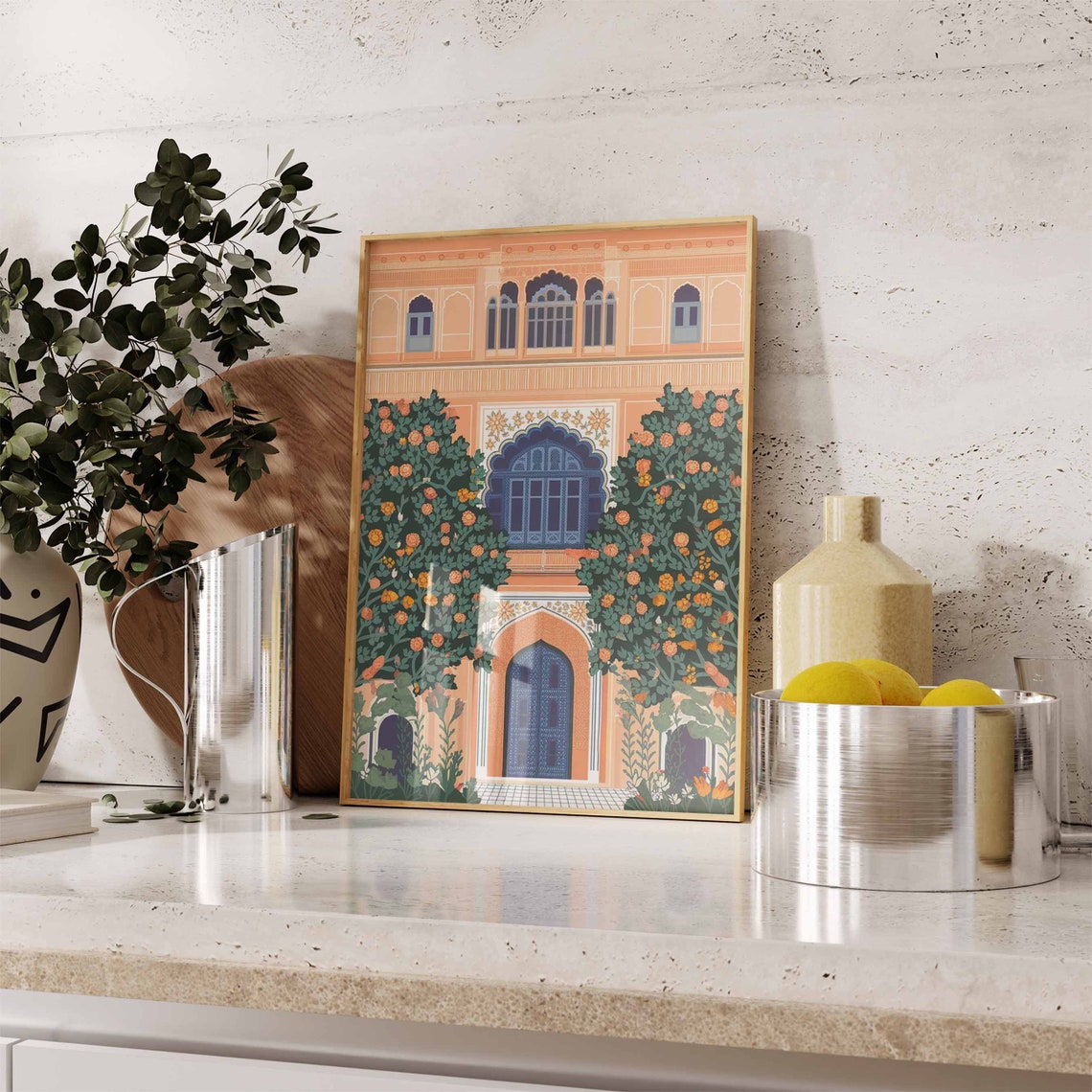 Peach Indian Palace Facade Blue Doors Orange Blossom Trees Poster - Image 3