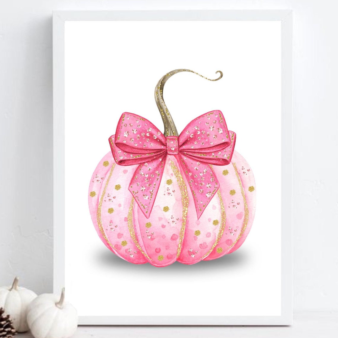 Pink Halloween Pumpkin Sparkle Bow Fall Watercolor Nursery Art Poster