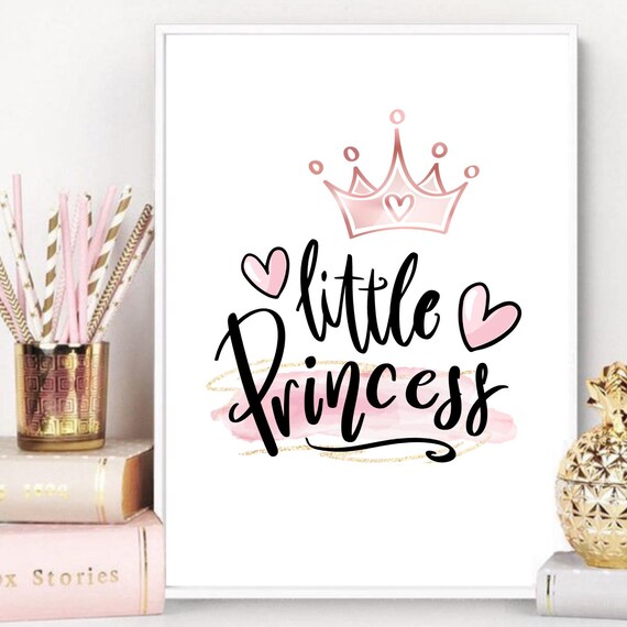 Little Princess Pink Crown Hearts Nursery Quote Poster For Girls Room Art
