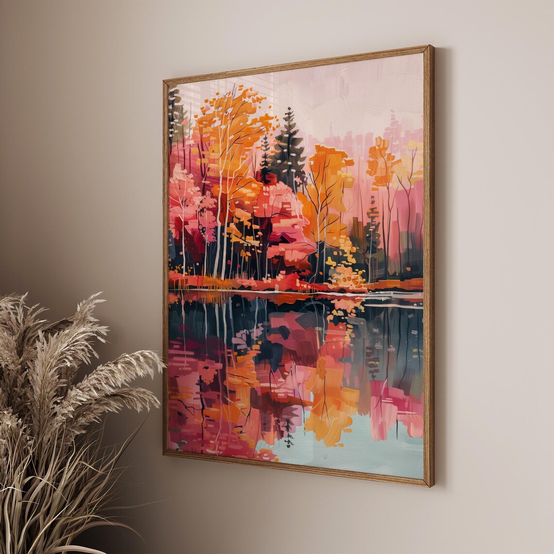 Colorful Autumn Forest Lake Painting, Landscape Art Print - Image 2