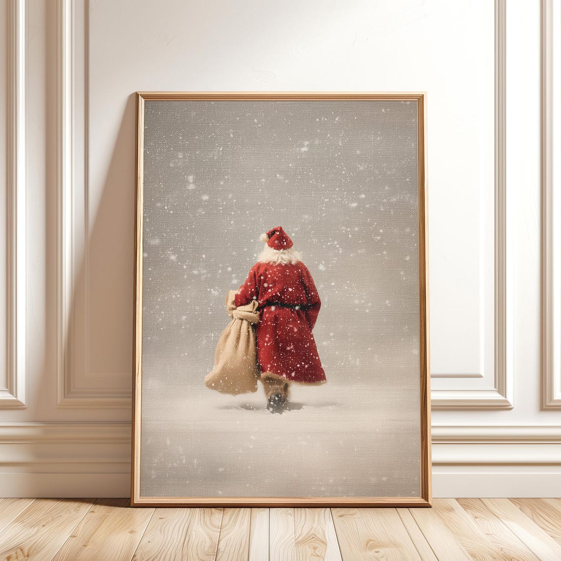 Santa Claus Walking Away Snow Gift Sack Vintage Christmas Poster