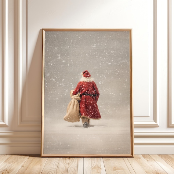 Santa Claus Walking Away Snow Gift Sack Vintage Christmas Poster