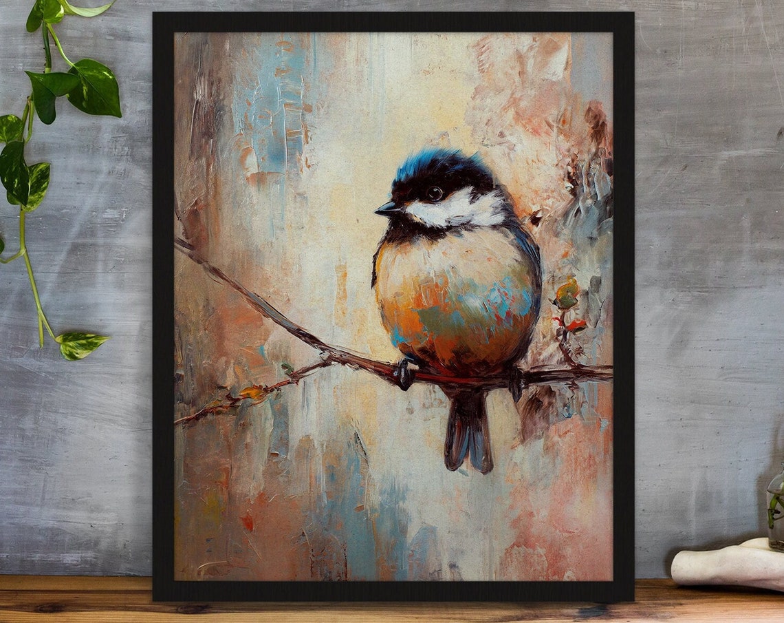 Chickadee on Branch Impressionist Oil Painting Bird Art Poster