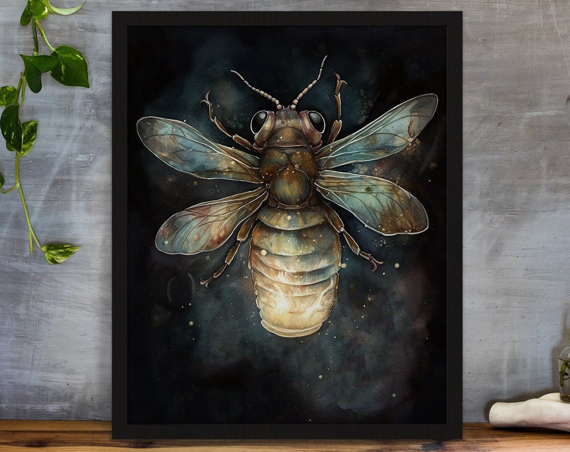 Glowing Firefly Insect Dark Botanical Illustration Style Poster