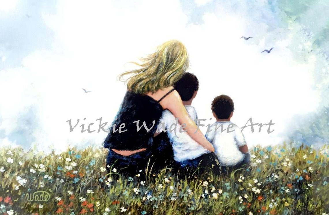 Blonde Mother Cuddling Two Boys Together In A Flower Meadow Poster