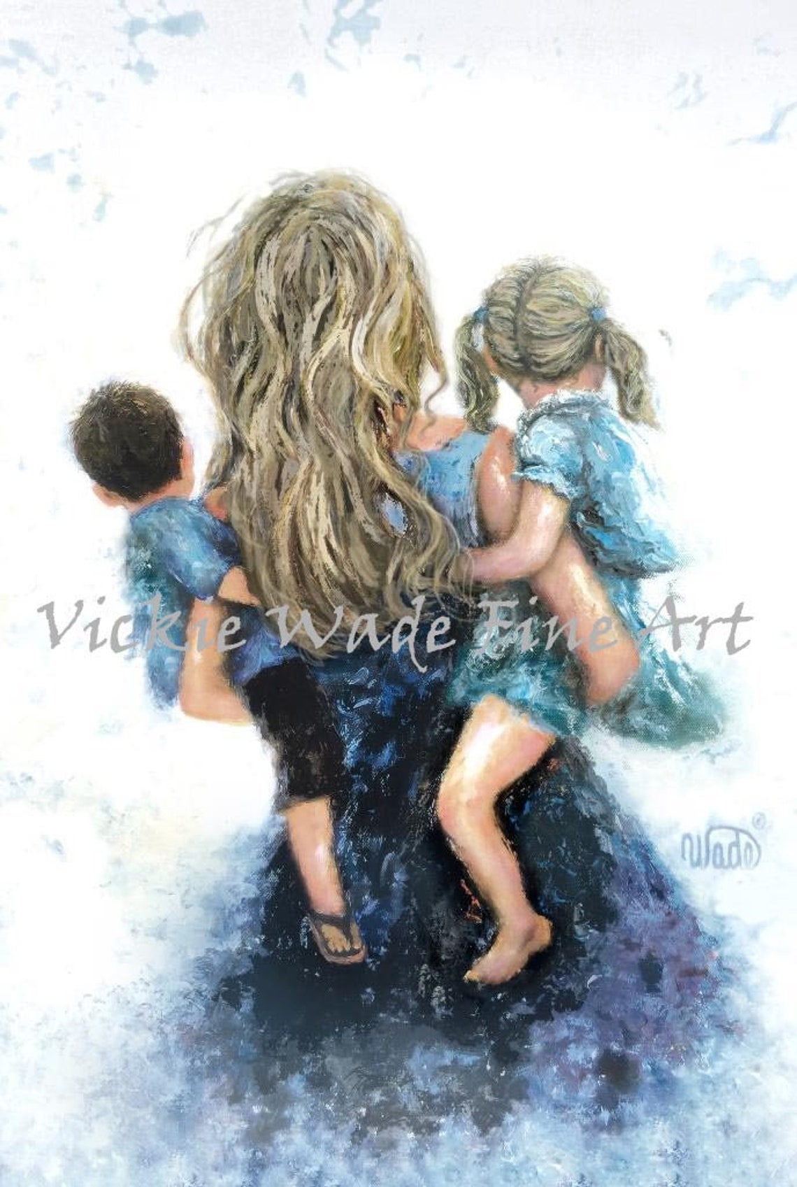 Mother Son And Daughter Art Print Mom Mum Boy And Girl Brother And Sister Blonde Mom Carrying Two Kids Mother Gift Vickie Wade Art
