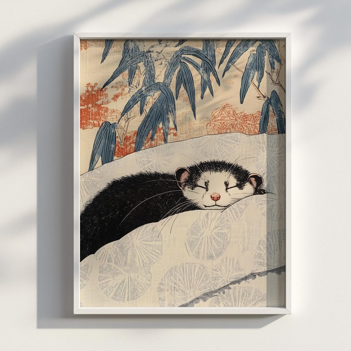 Sleeping Ferret on White Couch Bamboo Japanese Ink Art Poster