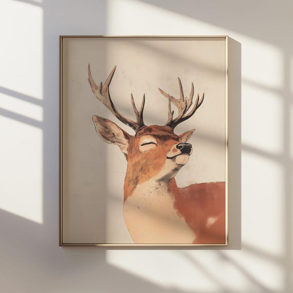 Ukiyoe Style Happy Deer Portrait Japanese Ink Art Of Joyful Natureinspired Animal For Home Decor Unique Wildlife Gift