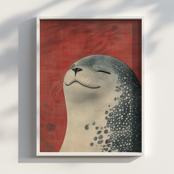 Serene Seal Wall Art In Japanese Ukiyoe Style With Textured Red Background Tranquil Ocean Animal Print Portrait