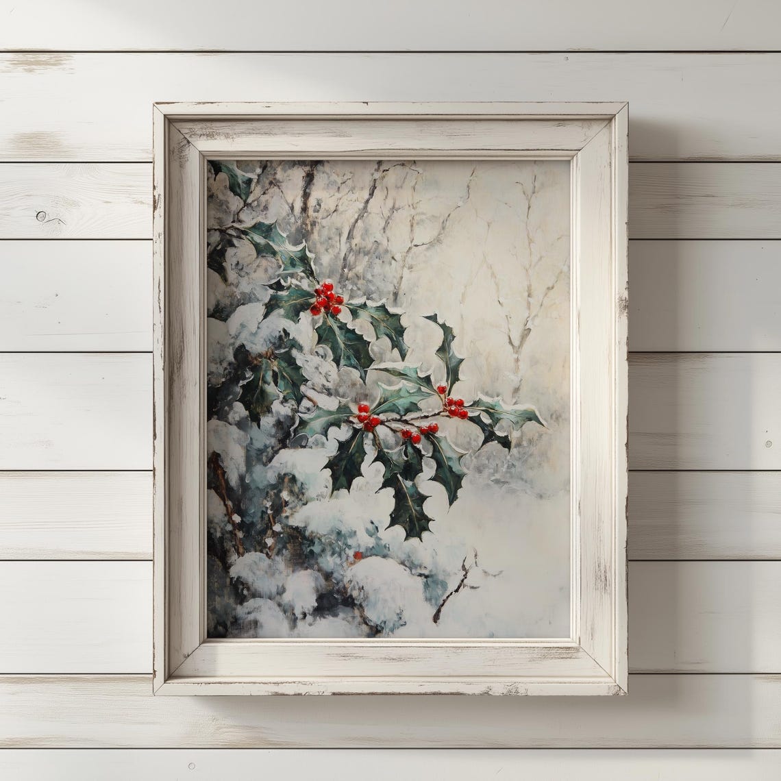Holly Berries in Snow Winter Botanical Vintage Painting Poster