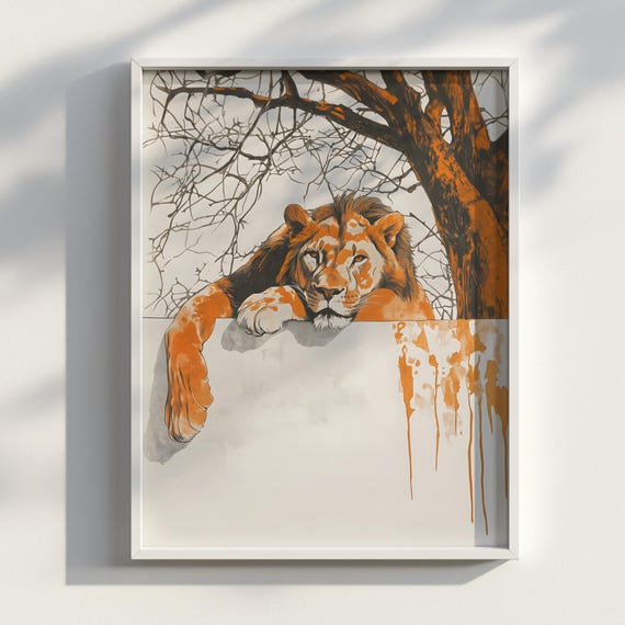 Embermane Orange Lithograph Of A Young Lion Bold Minimal Wildlife Print Vintagestyle Animal Wall Art Decor