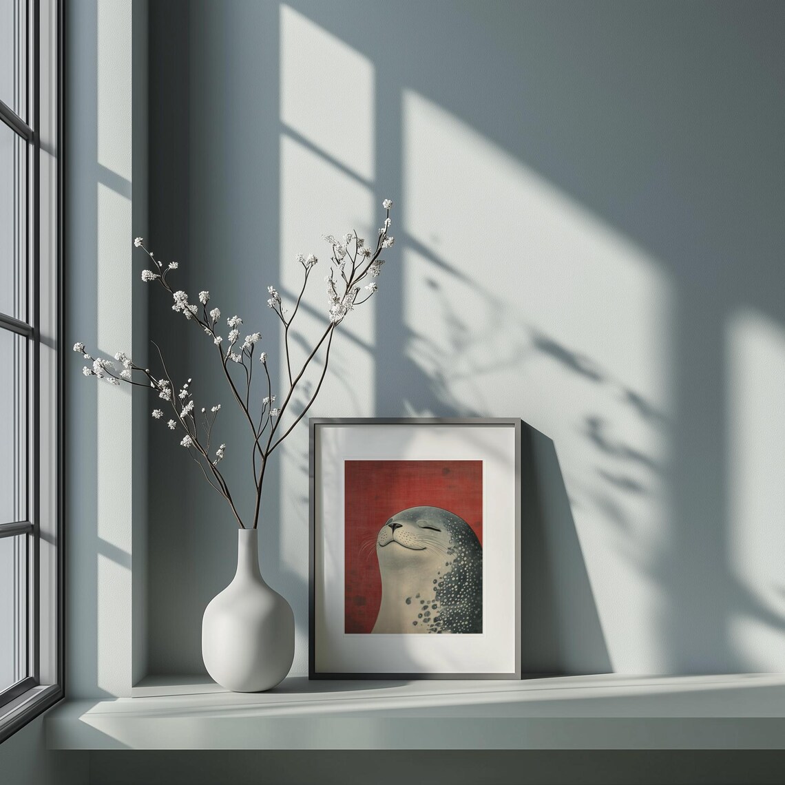 Serene Spotted Seal Portrait Red Minimal Marine Animal Art Poster - Image 5