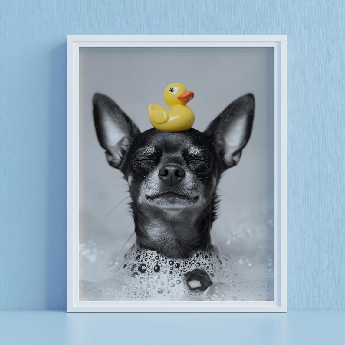 Cute Chihuahua Bubble Bath Yellow Rubber Duck Bathroom Poster - Image 2