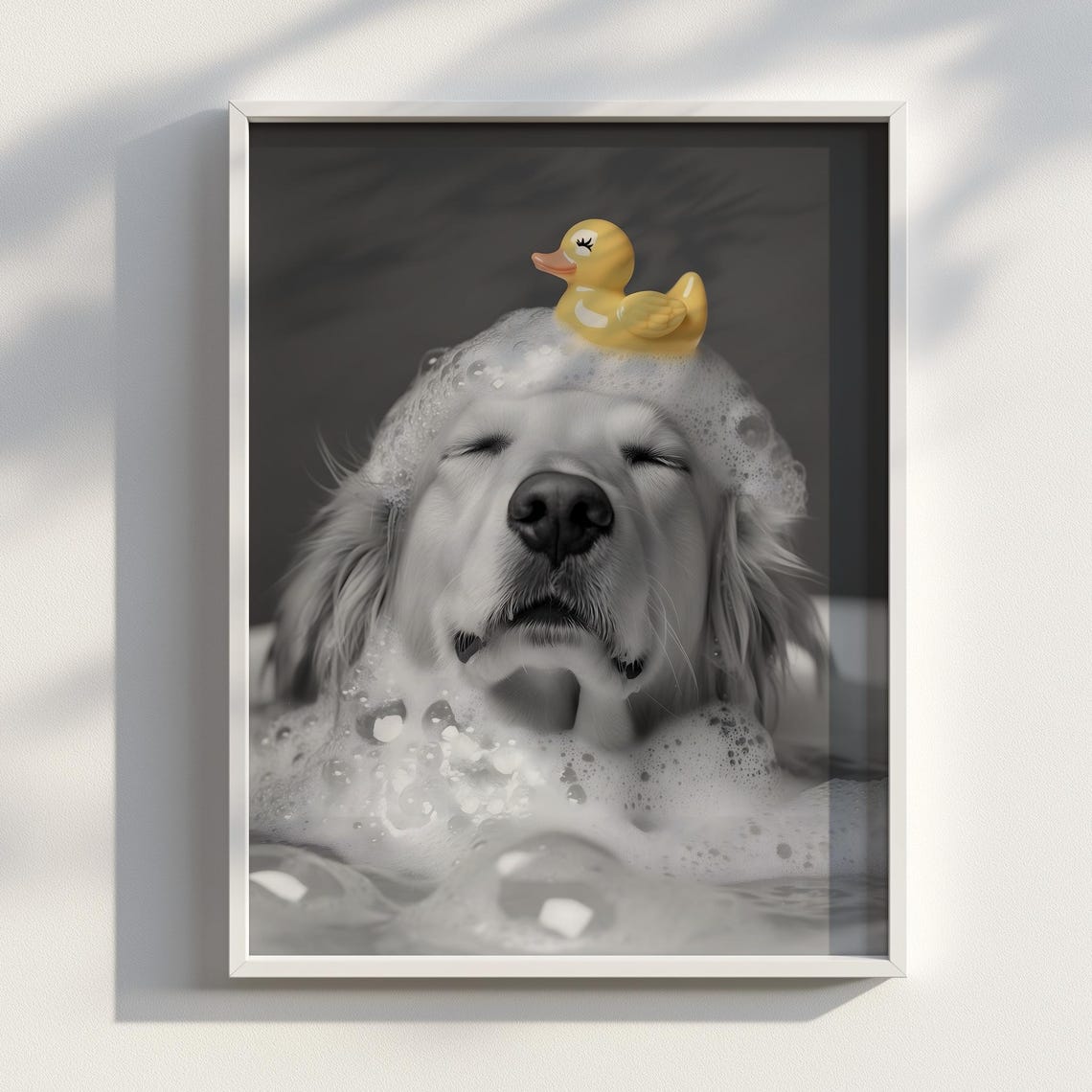 Golden Retriever Bubble Bath Rubber Duck Black White Dog Poster