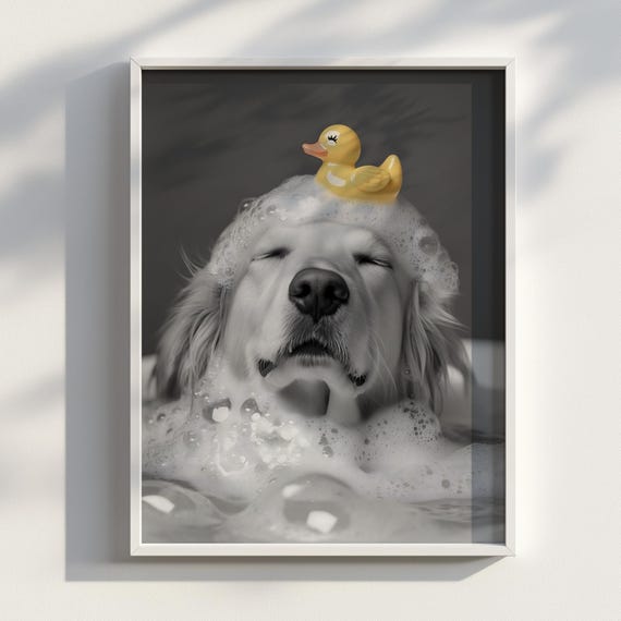 Golden Soak Retriever In Bubble Bath Funny Dog Photography Print Whimsical Bathroom Wall Art Pet