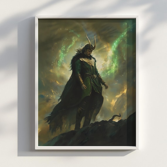 Loki God of Mischief Horned Green Cloak Baroque Fantasy Poster