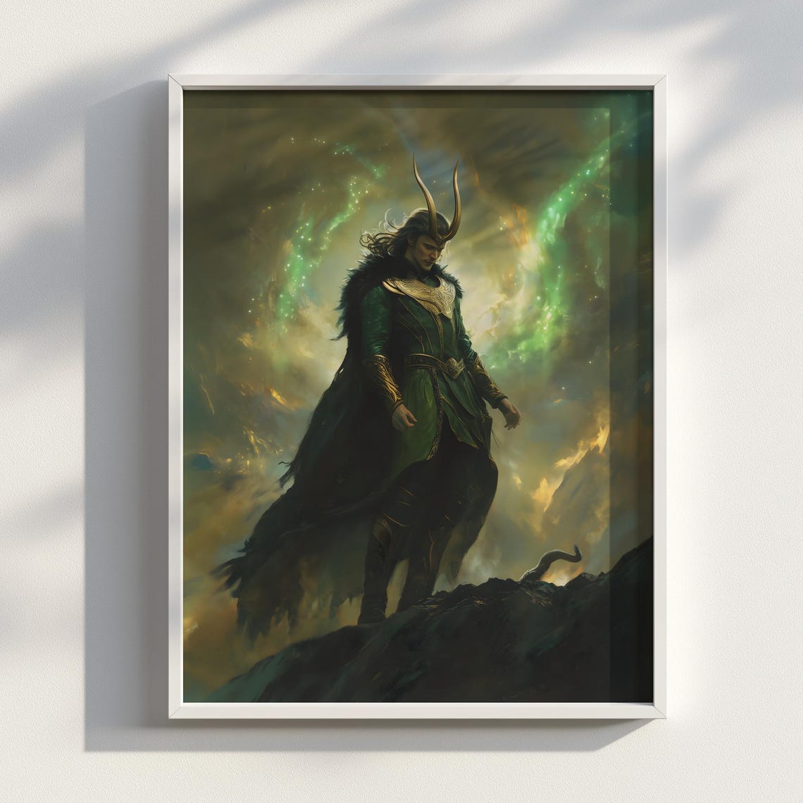 Loki God of Mischief Horned Green Cloak Baroque Fantasy Poster