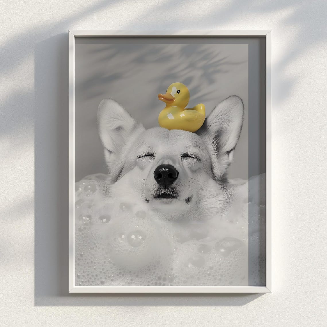 Corgi Bubble Bath Rubber Duck Black And White Funny Dog Photo Poster