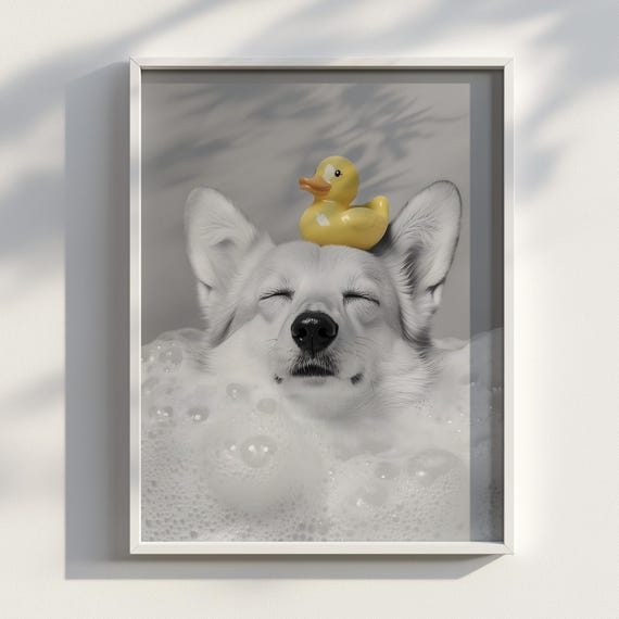 Bubble Biscuit Corgi In Bath With Rubber Duck Funny Dog Photography Print Whimsical Bathroom Wall Art