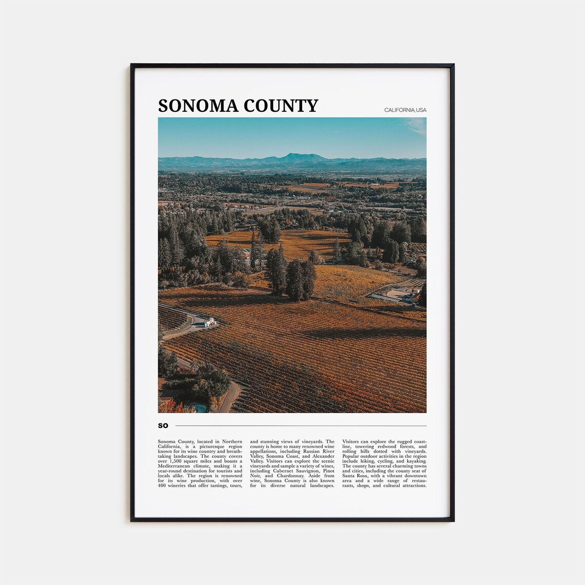 Sonoma County California Wine Country Vineyard Hills Travel Poster