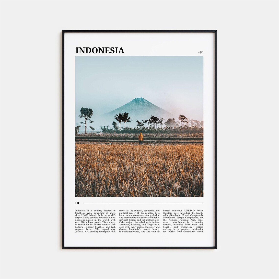 Indonesia Rice Fields Volcano Misty Countryside Asia Travel Poster