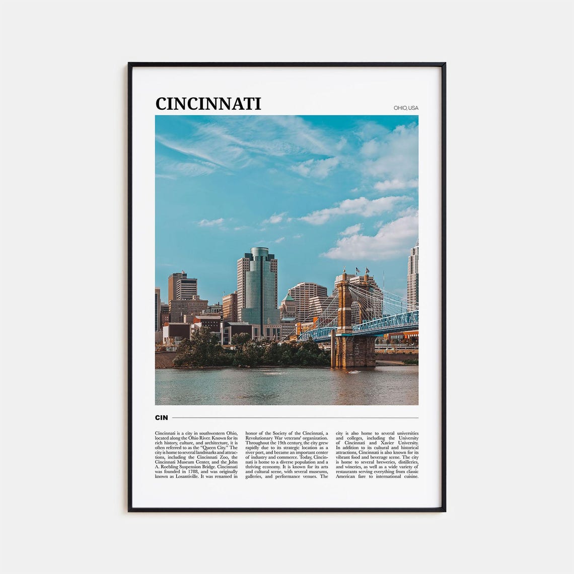 Cincinnati Ohio Travel Poster Skyline Roebling Bridge River View