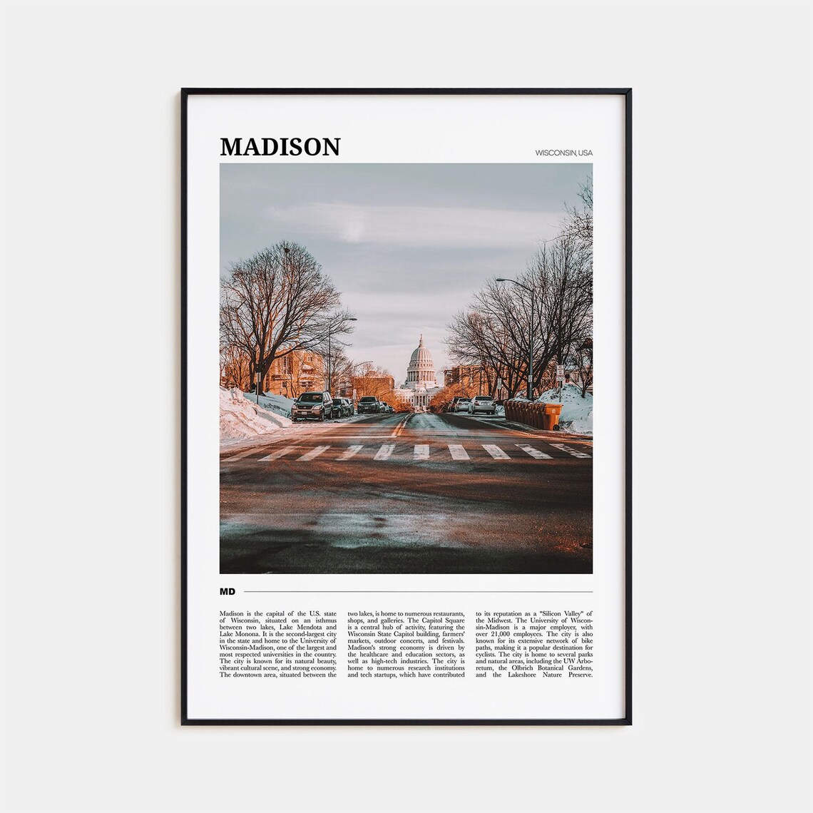 Madison Wisconsin Capitol Street Winter Snow City Scene Poster
