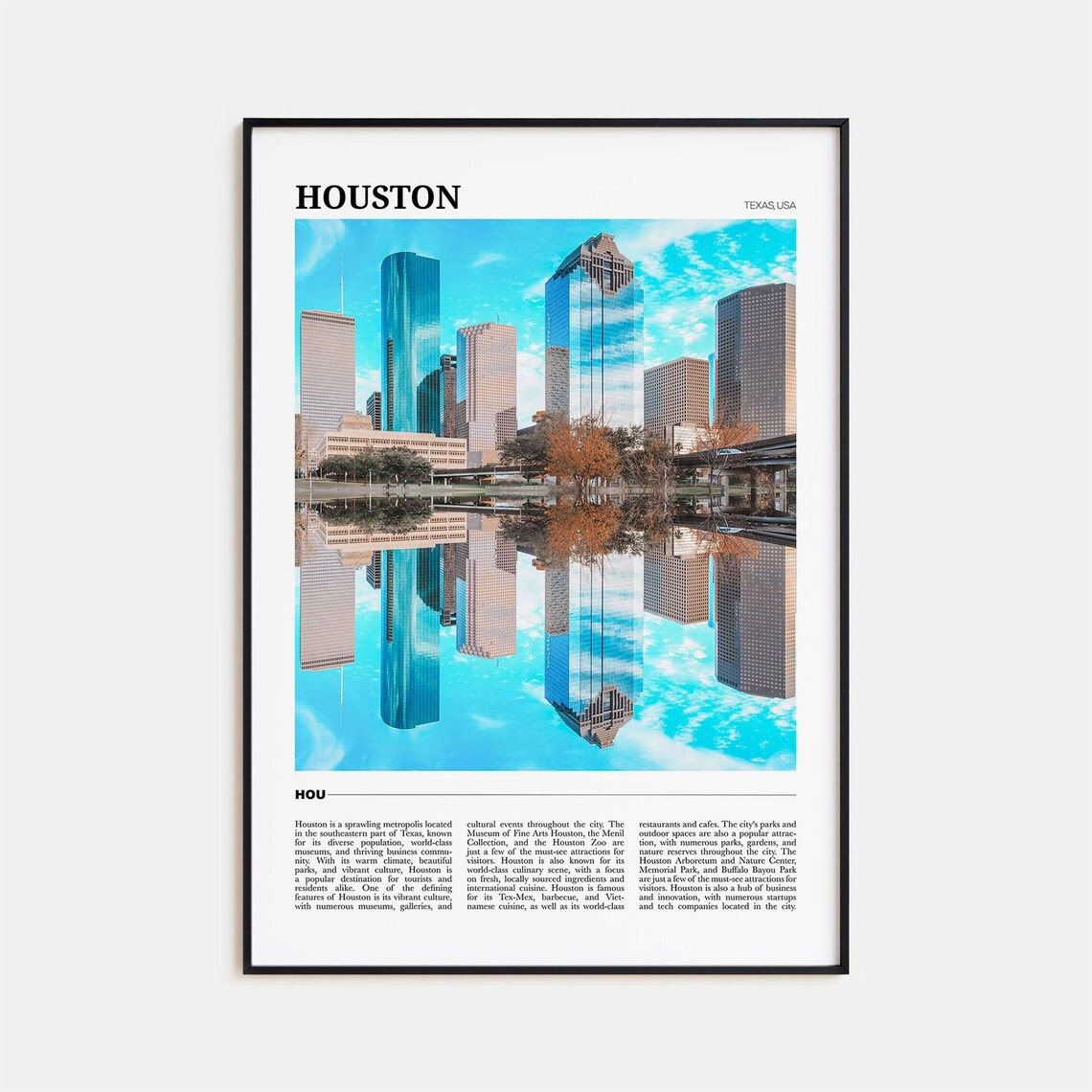 Houston Texas Downtown Skyline Mirror Lake Travel Poster Series