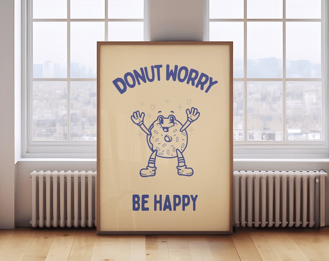 Donut Worry Be Happy Retro Donut Mascot Kitchen Typography Print