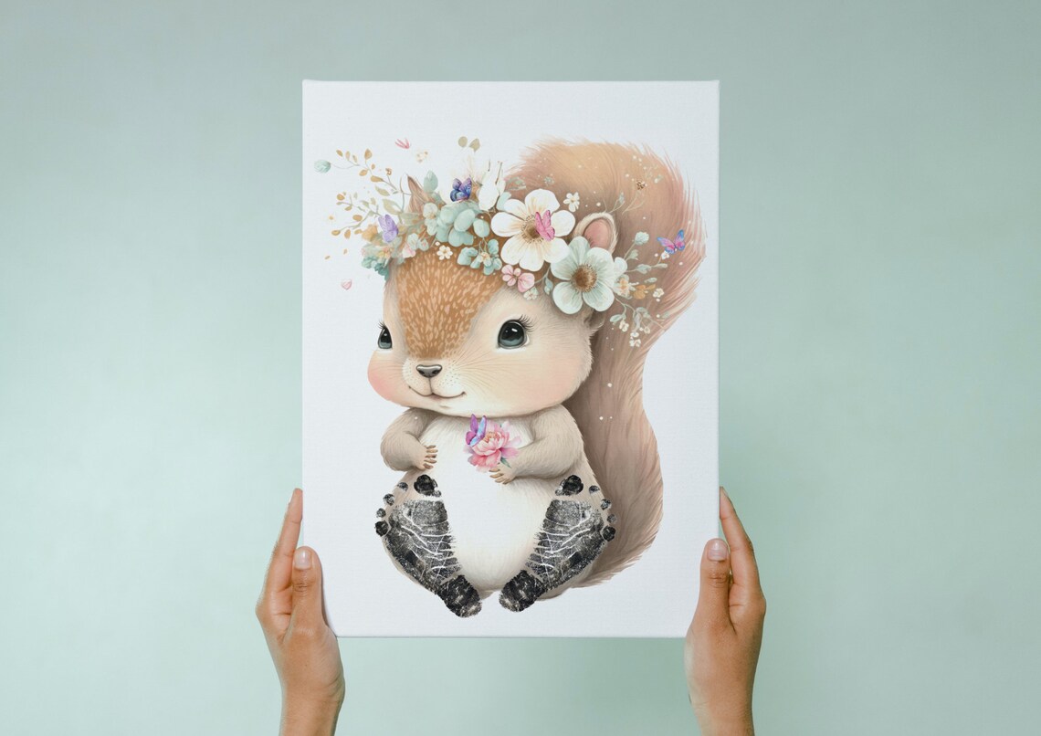 Baby Footprint Squirrel With Floral Decoration Art Print - Image 4