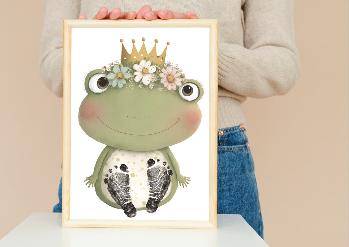Frog Prince With Gold Crown Flowers Baby Footprint Keepsake Poster - Image 2