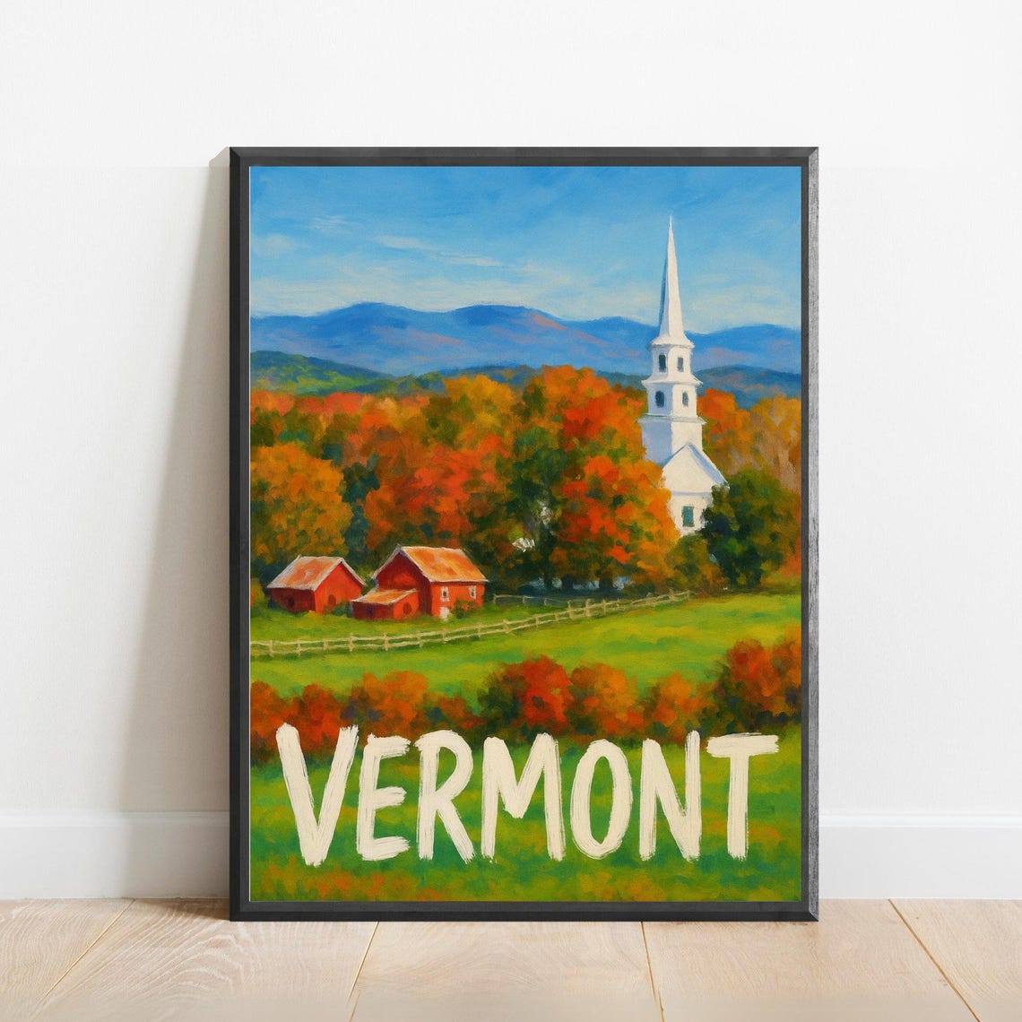 Vermont Autumn Fall Foliage Village Church Impressionist Travel Poster