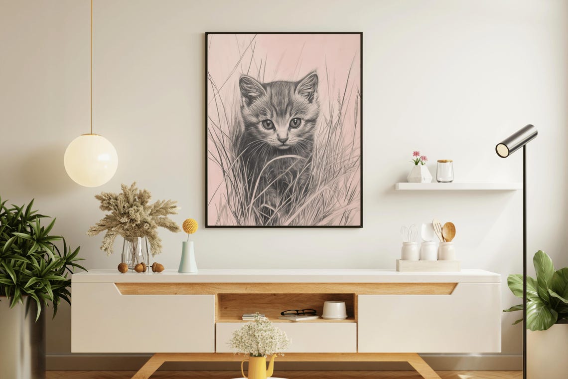 Tabby Kitten Sketch In Grass Vintage Cat Nursery Wall Art Poster - Image 5