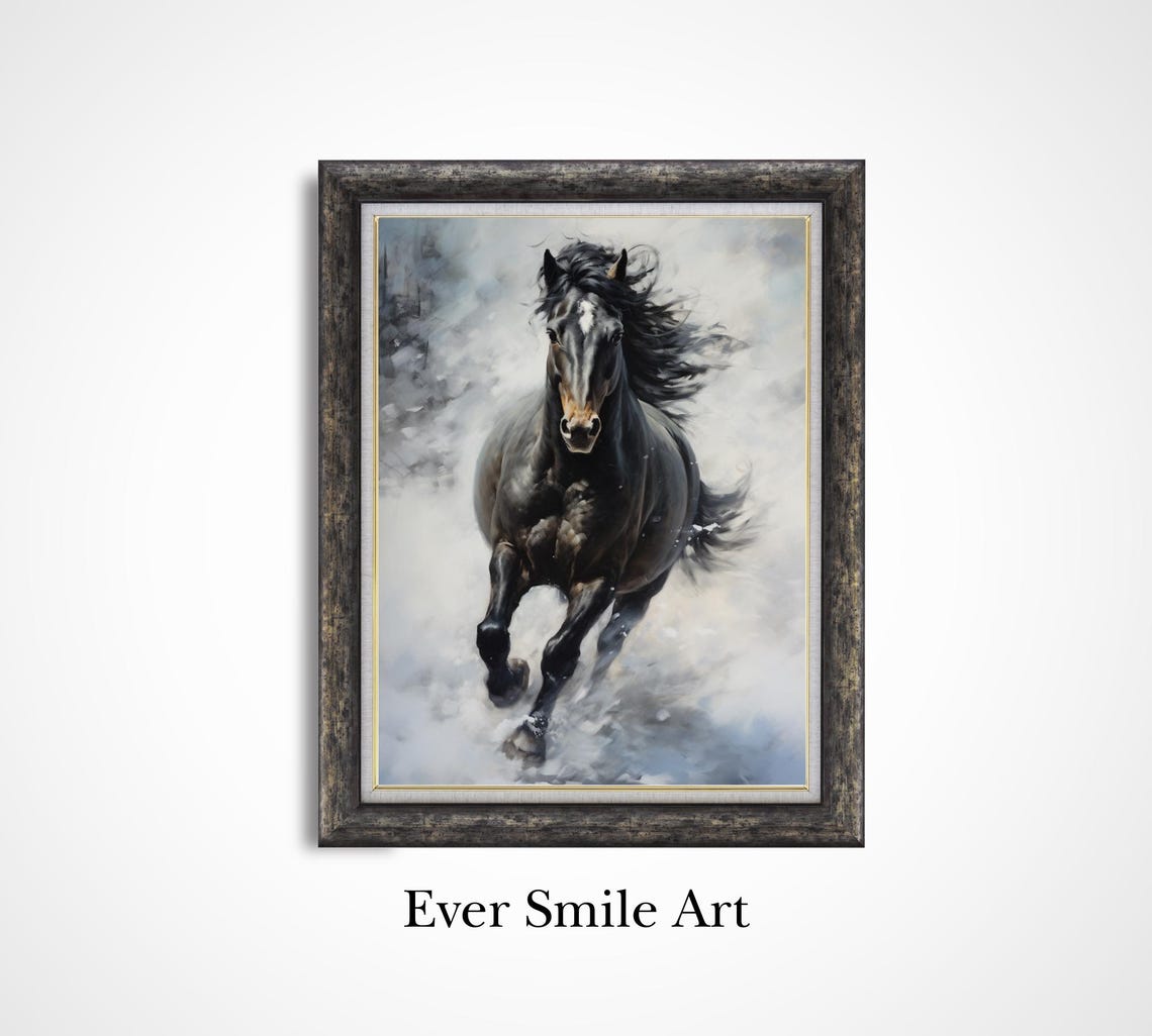Black Horse Galloping Through Mist Dramatic Equine Oil Painting Print