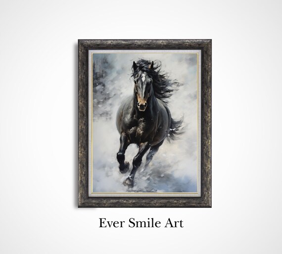 Black Horse Galloping Through Mist Dramatic Equine Oil Painting Print