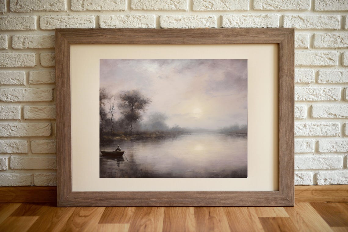 Lone Rower Misty River Dusk Vintage Oil Painting Boat Wall Art - Image 4