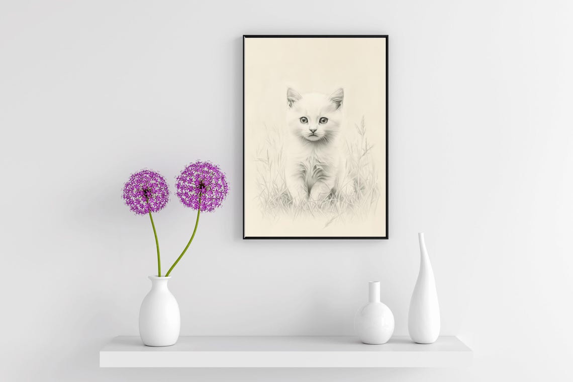 White Kitten Pencil Sketch Vintage Cat Drawing Nursery Wall Art Poster - Image 3