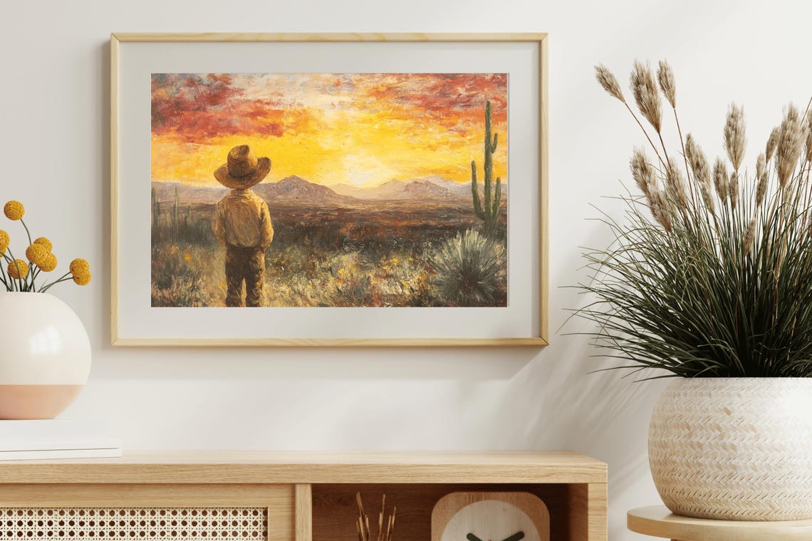 Little Cowboy At Desert Sunset With Saguaro Cactus Western Art Poster - Image 2