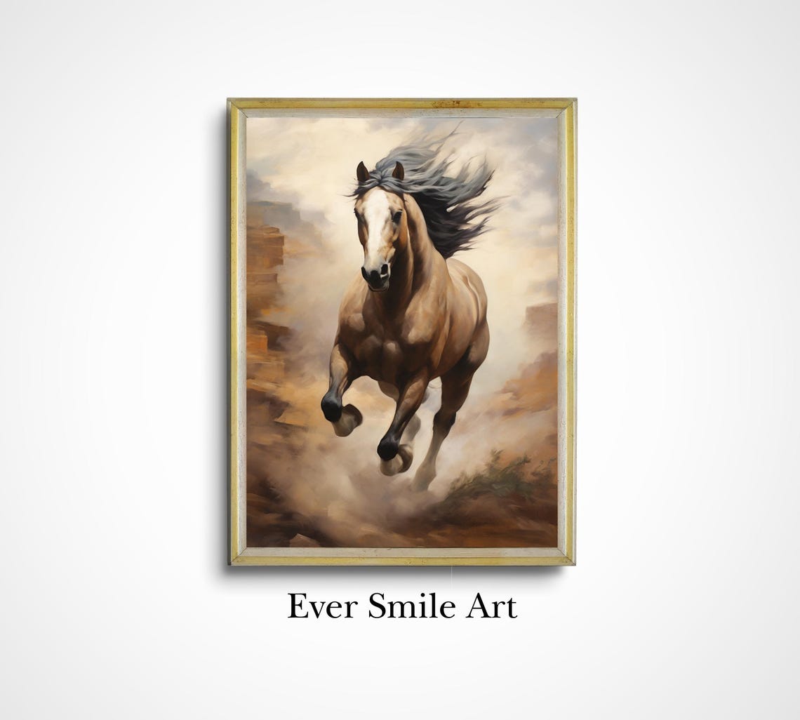 Golden Horse Galloping Sunlit Canyon Dynamic Equine Oil Painting