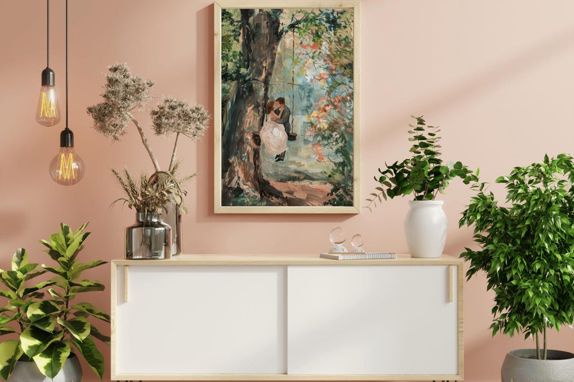 Couple Kissing On Tree Swing Romantic Vintage Wedding Art Poster - Image 3