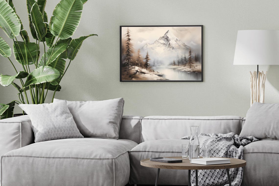 Snowcapped Peak Calm Lake Pines Vintage Sepia Oil Painting Print - Image 3