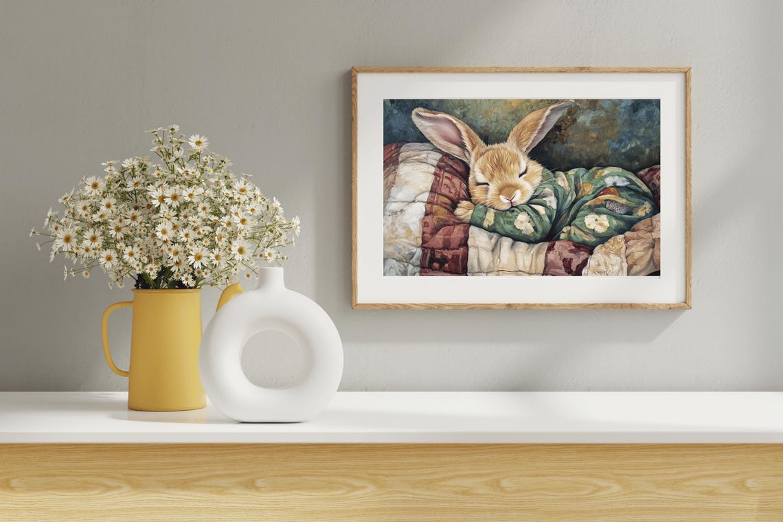 Sleeping Bunny In Green Pajamas On Cozy Quilt Vintage Wall Art Poster - Image 4