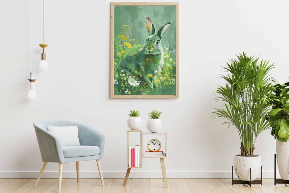 Green Bunny In Wildflowers Vintage Spring Meadow Rabbit Art Poster - Image 3