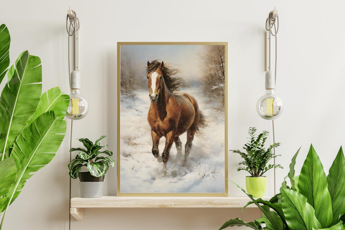 Chestnut Brown Horse Galloping Snow Winter Scene Equestrian Art Poster - Image 4