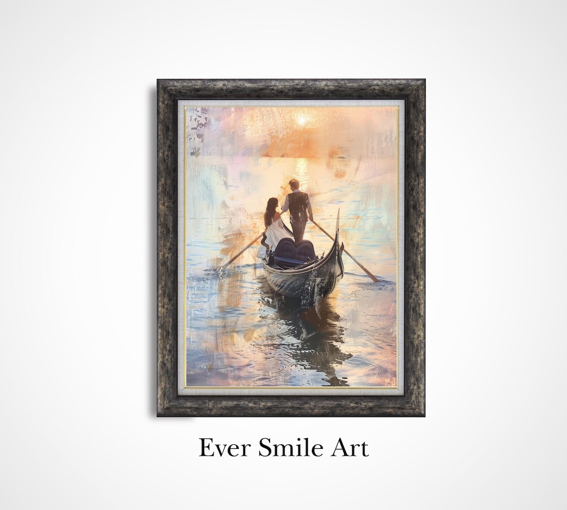 Romantic Couple Gondola Ride Golden Sunset Vintage Oil Painting Print